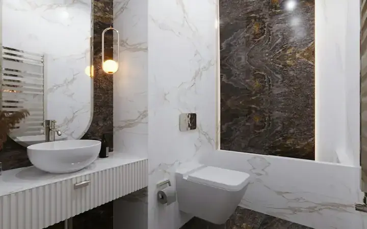 Bathroom with large-format marble and stone wall tiles