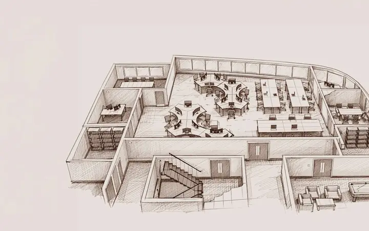 Hand-drawn 3D floor plan sketch of an interior layout