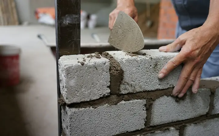 Mason setting a concrete block with a trowel and mortar